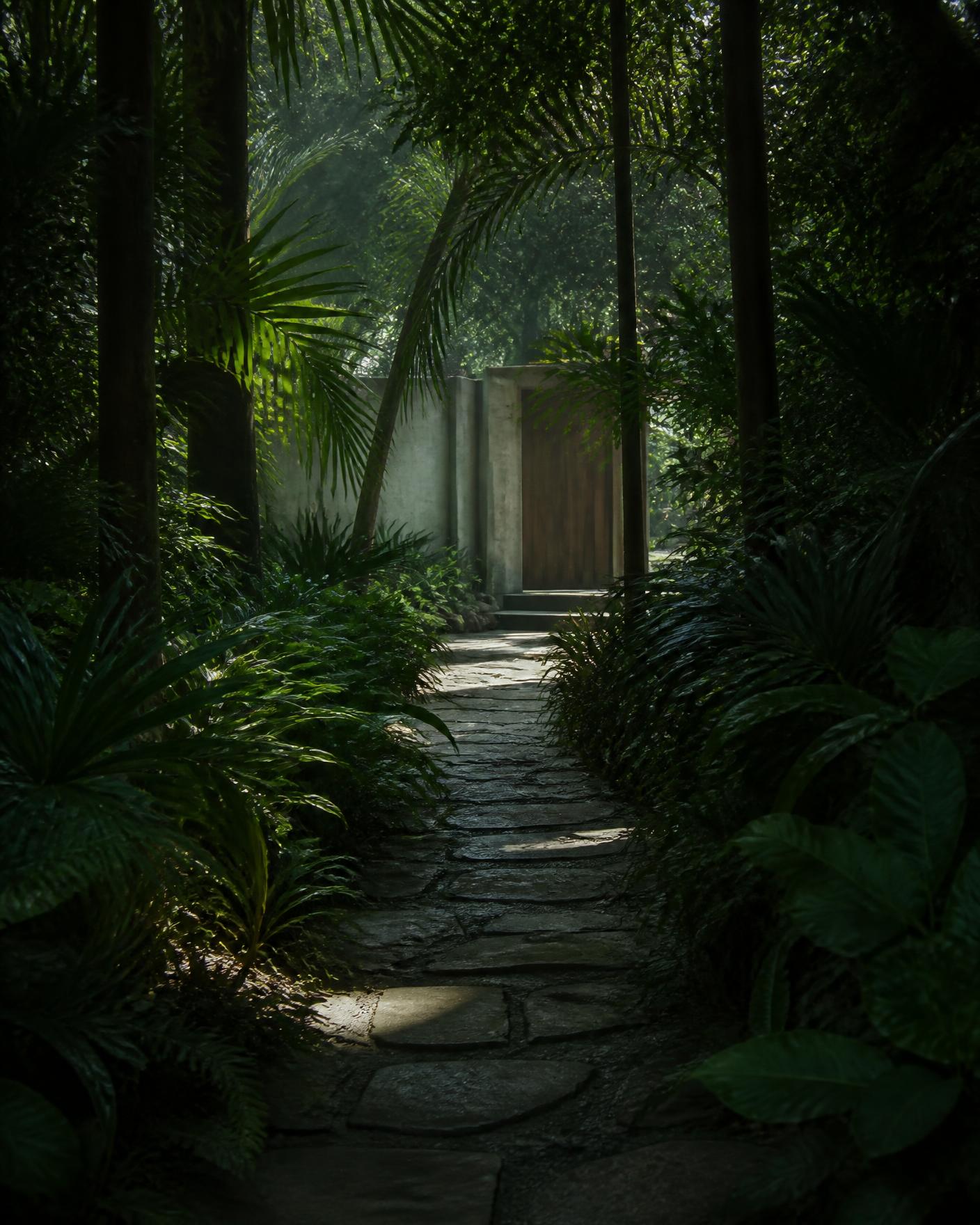 A stone path through dense jungle leading to the concrete entrance wall of the estate
