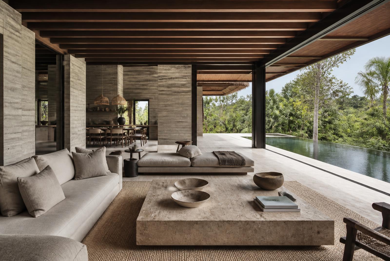 The open-air living pavilion with linen sofas, board-formed concrete and sliding glass onto the pool